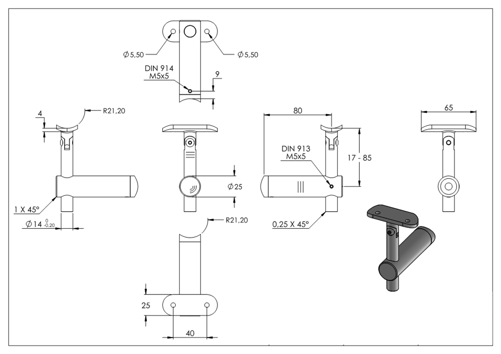 Handlaufhalter mit Gelenk für Glas und Halteplatte für Ø 42,4 mm V2A 