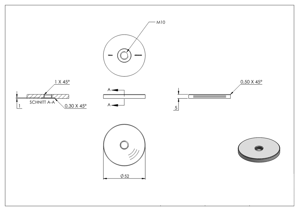 Glas-Punkthalter Unterteil | Ø 52 | Höhe: 5-50 mm | mit M10 Innengewinde | V2A