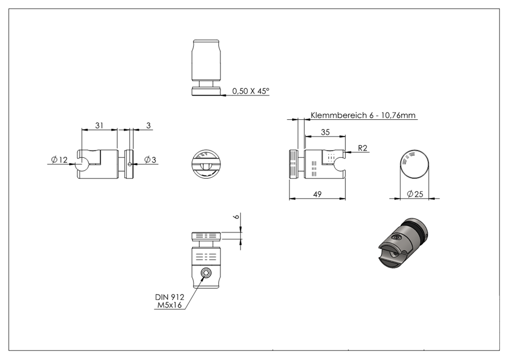 Klemmhalter für Rundstab 12 mm mit Glas-Punkthalter Ø 25 mm V2A