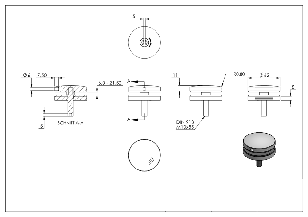 Glas-Punkthalter Ø 62 mm | Anschluss flach | V2A