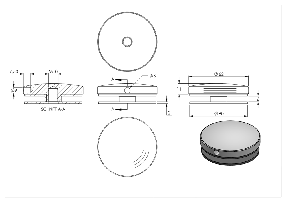 Glas-Punkthalter Oberteil | Ø 62 mm | V2A
