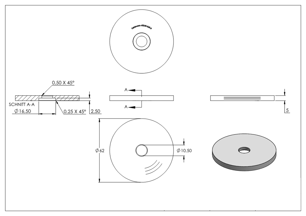 Glas-Punkthalter Unterteil | Ø 62 | Höhe: 5-50 mm | mit Durchgangsbohrung | V2A