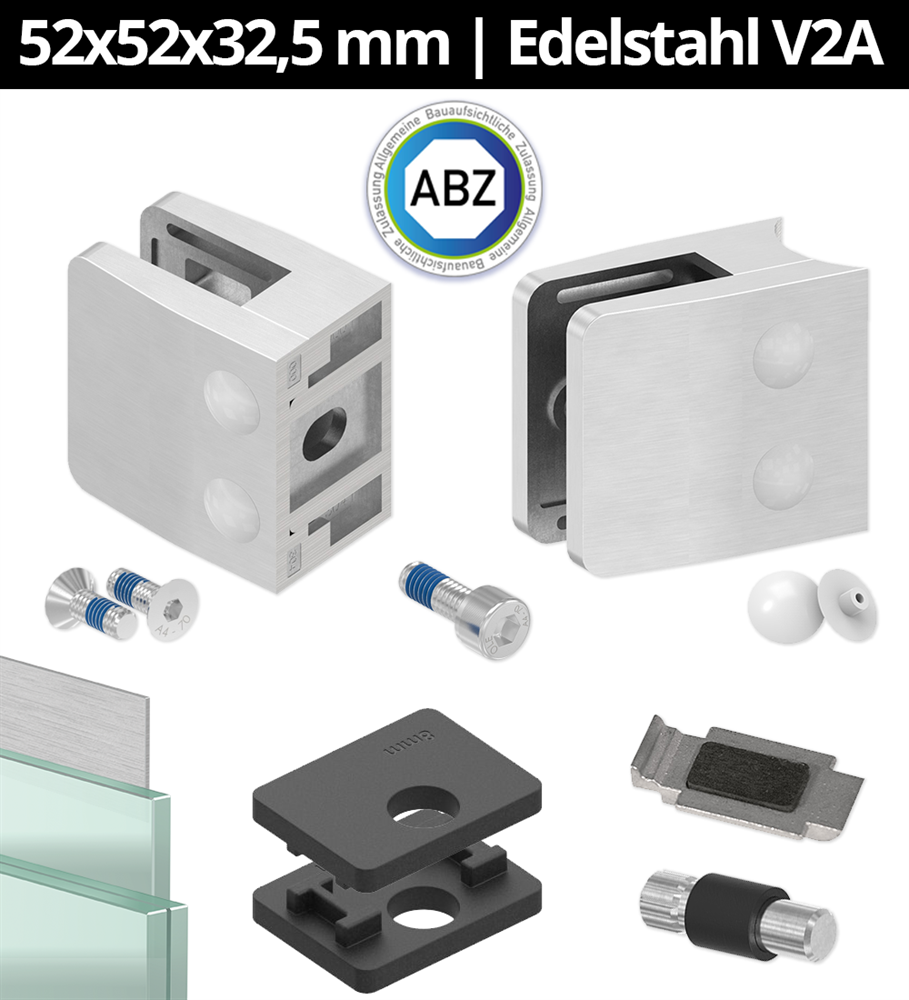 Glasklemme AbZ 52x52x32,5 mm  für Anschluss  Flach | Ø 42,4 mm | Ø 48,3 mm | 60,3 mm