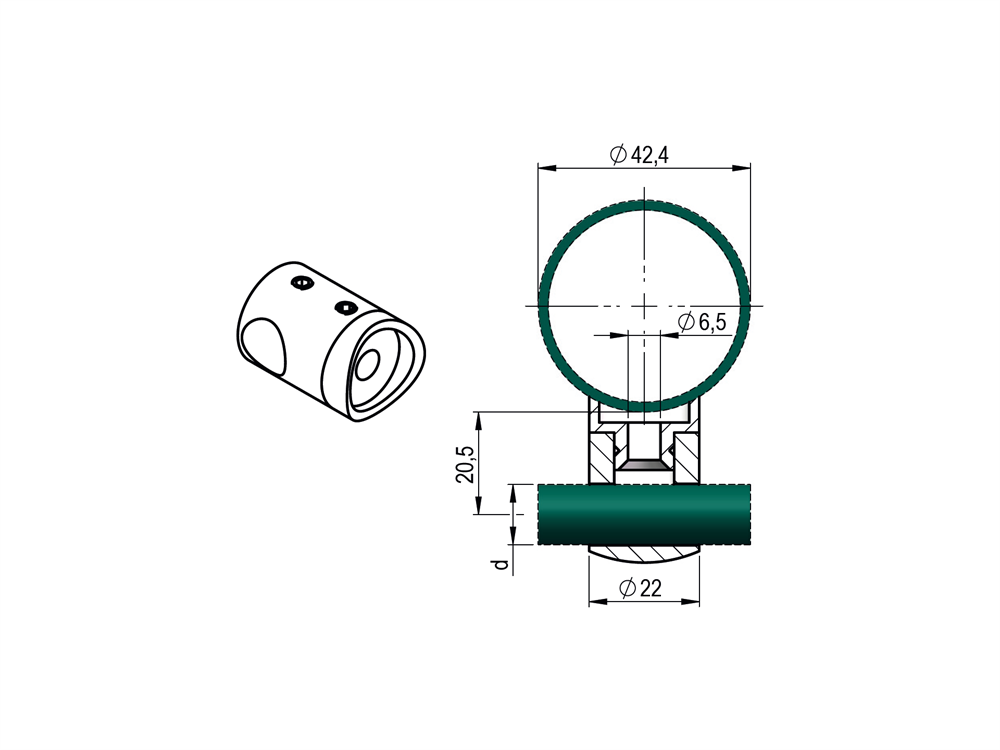 Querstabhalter Ø 22 mm | Anschluss: 42,4 mm | mit Bohrung: 10,2 mm | V2A