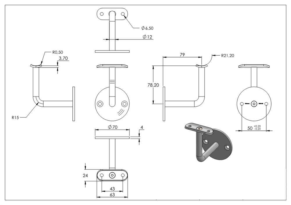 Handlaufhalter mit Ronde 70x4 mm und Halteplatte für Ø 42,4 mm V2A