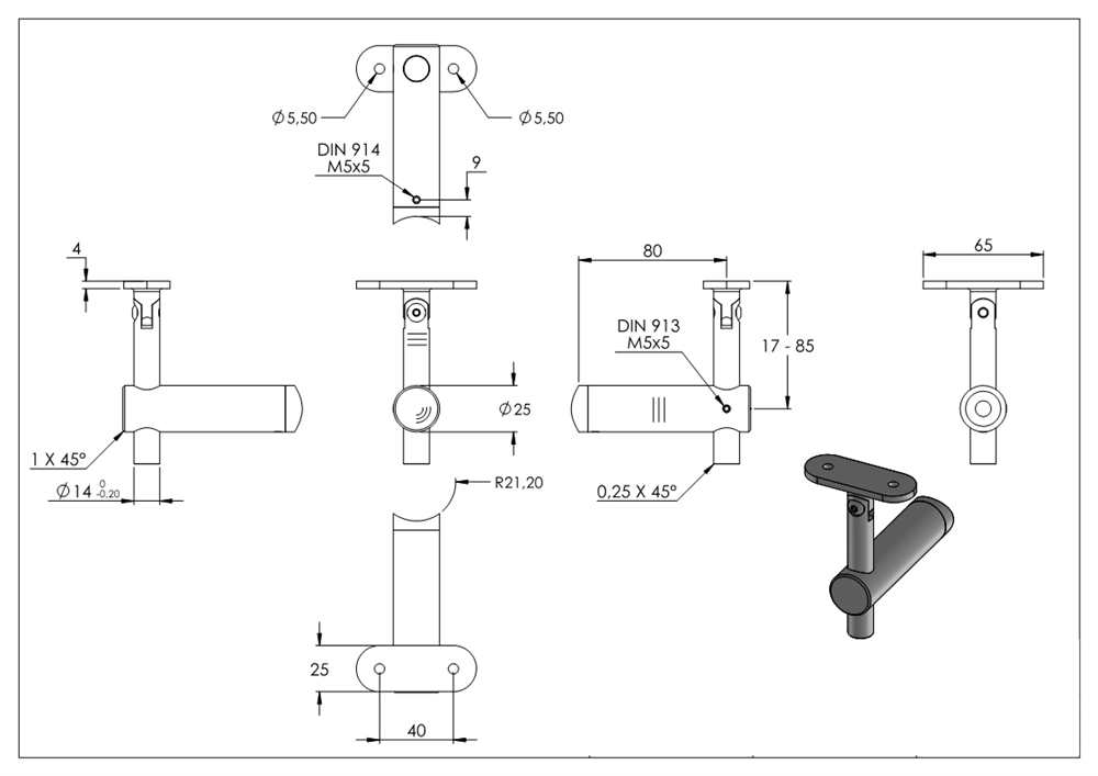 Handlaufhalter mit Gelenk und Halteplatte für Ø 42,4 mm V2A