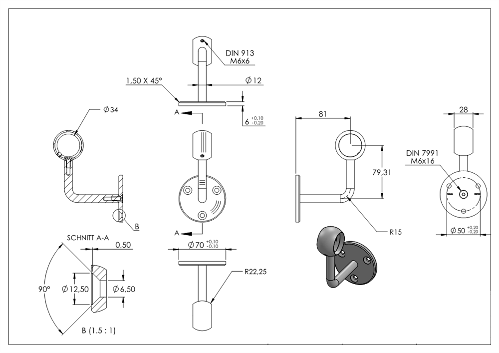 Handlaufhalter mit Kugelring für Rundrohr Ø 33,7 mm V2A