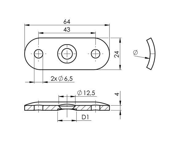 Handlaufanschlussplatte | Maße: 64x24x4 mm | für Rohr: Ø 42,4 mm | V2A