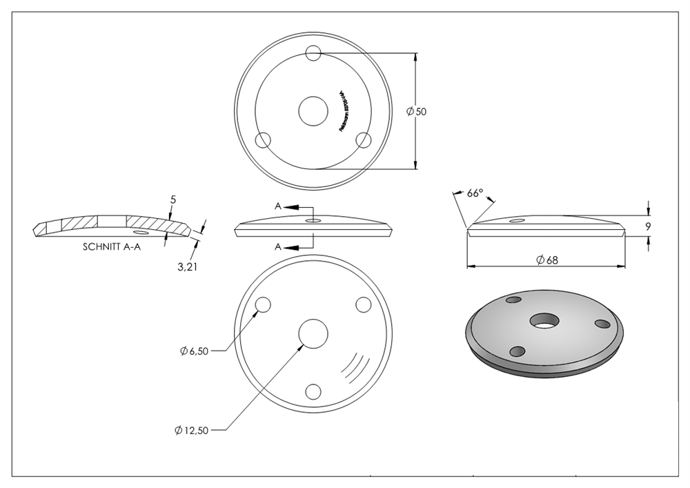 Ankerplatte | Ø 68 x 5 mm | gewölbt | mit Zentrierbohrung: Ø 12,5 mm | V4A