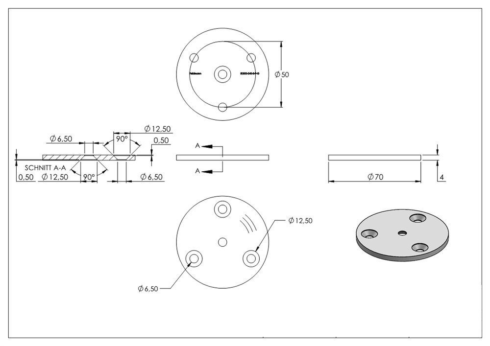 Ankerplatte | Ø 70 x 4 mm | mit Zentrierbohrung: Ø 6,5 mm | V2A