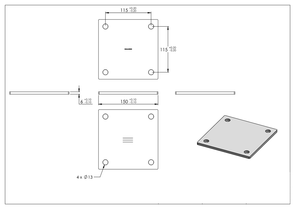 Ankerplatte | Maße: 150 x 150 x 6 mm | mit 4 Bohrungen á Ø 14 mm | V2A