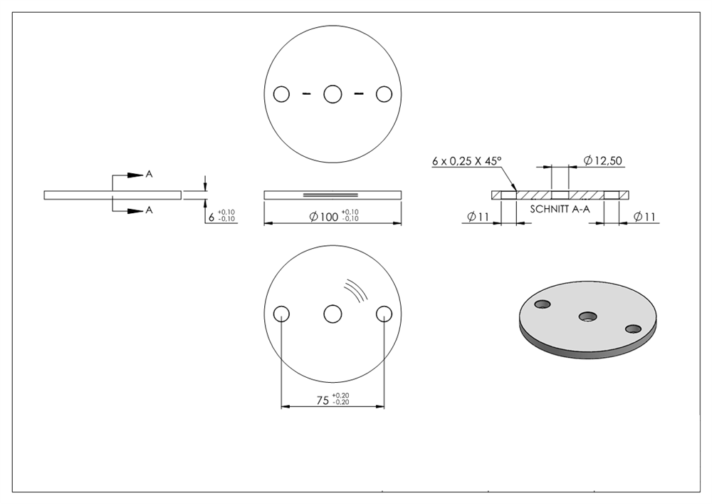 Ankerplatte | Ø 100 x 6 mm | mit Zentrierbohrung: Ø 12,5 mm | V2A