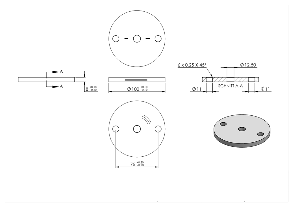 Ankerplatte | Ø 100 x 8 mm | mit Zentrierbohrung: Ø 12,5 mm | V2A