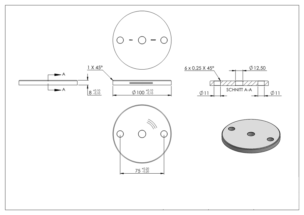 Ankerplatte | Ø 100 x 8 mm | mit Zentrierbohrung: Ø 12,5 mm | V2A