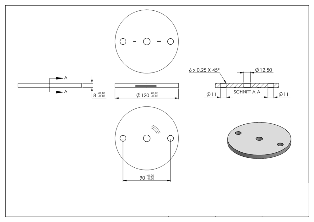Ankerplatte | Ø 120 x 8 mm | mit Zentrierbohrung: Ø 12,5 mm | V2A