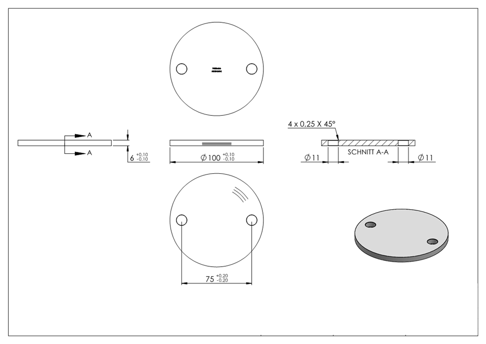 Ankerplatte | Ø 100 x 6 mm | mit 2 Bohrungen á Ø 11 mm | V2A