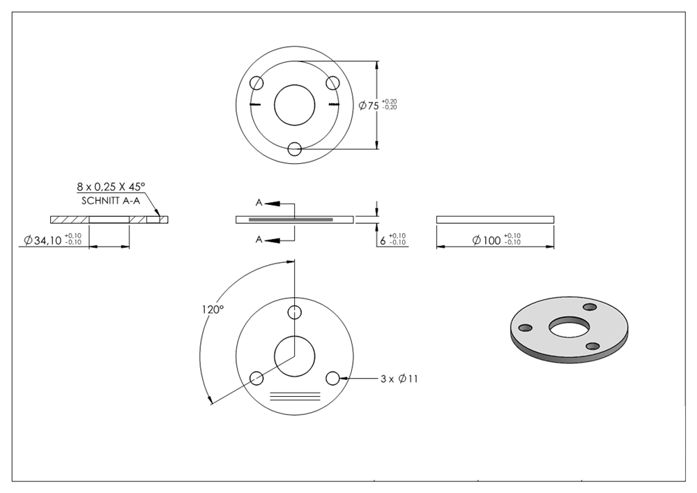 Ankerplatte | Ø 100 x 6 mm | mit Zentrierbohrung: Ø 34 mm | V2A