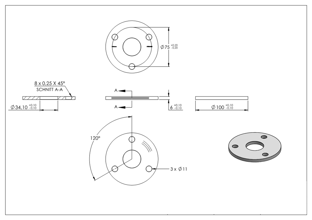 Ankerplatte | Ø 100 x 6 mm | mit Zentrierbohrung: Ø 34 mm | V2A