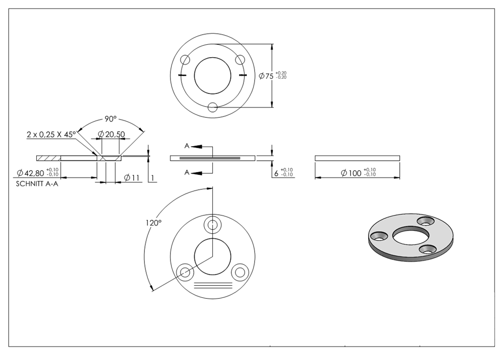Ankerplatte | Ø 100 x 6 mm | mit Zentrierbohrung: Ø 42,8 mm | V2A