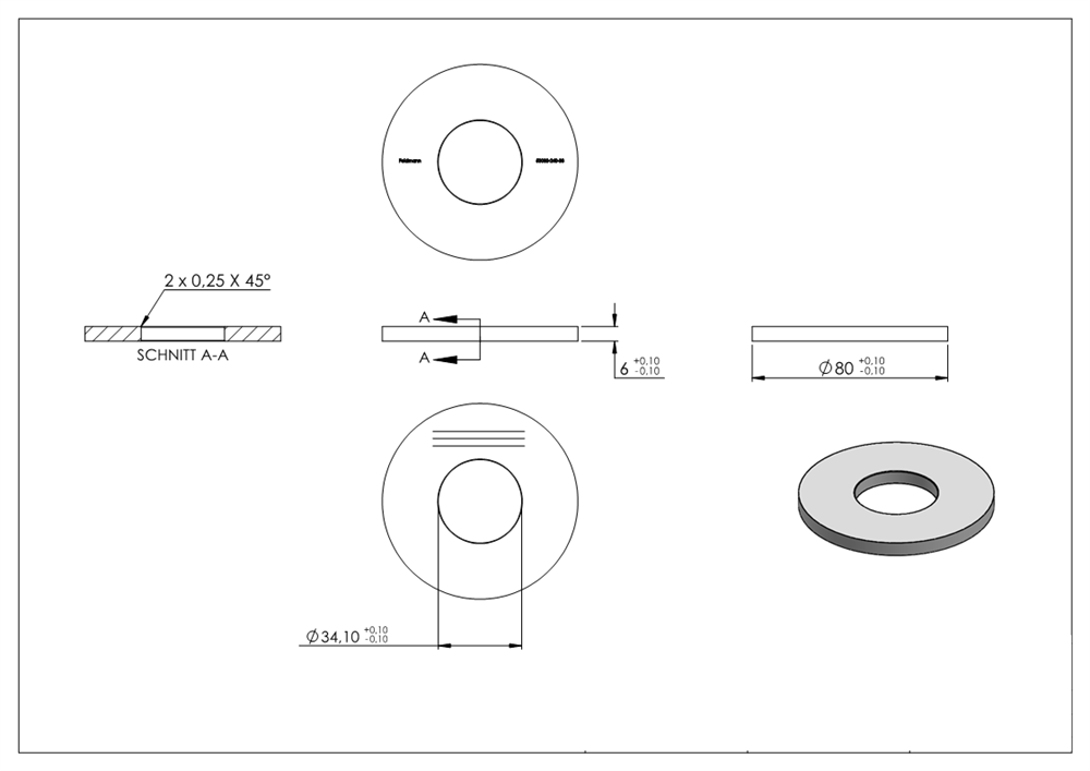 Ankerplatte | Maße: 80x6 mm | Längsschliff und Mittelbohrung | V2A