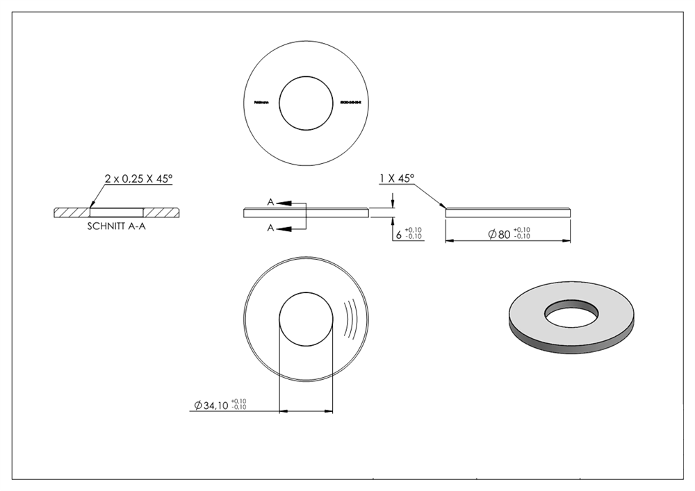 Ankerplatte | Maße: 80x6 mm | Rundschliff + Fase und Mittelbohrung | V2A