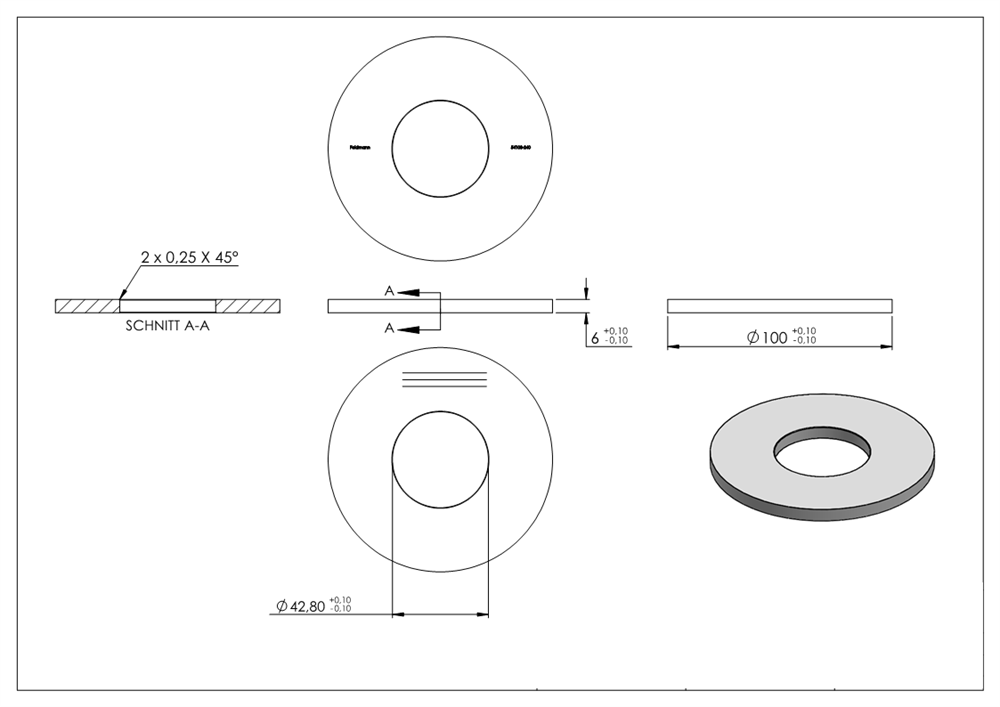 Ankerplatte | Maße: 100x6 mm | Längsschliff und Mittelbohrung | V2A