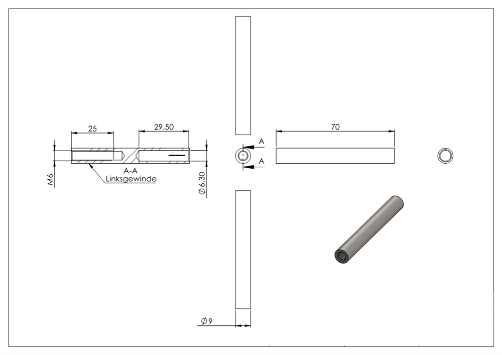 Gewindeterminal mit Innengewinde | Linksgewinde | Für Seil von Ø 6 mm |V2A
