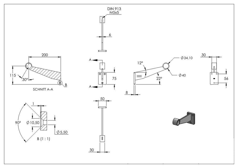 Fuß-/Handlaufstütze für  Ø 33,7 mm V2A