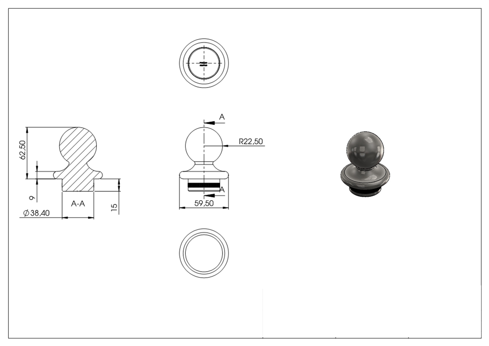Kugelrohrknopf V2A für Ø 42,4x2,0 mm