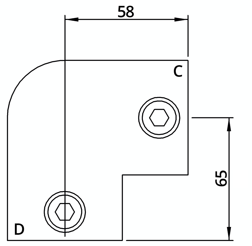 Rohrverbinder | Bogen 90° | 125D48/C42 | 48,3 mm; 42,4 mm | 1 1/2; 1 1/4 | Temperguss u. Elektrogalvanisiert