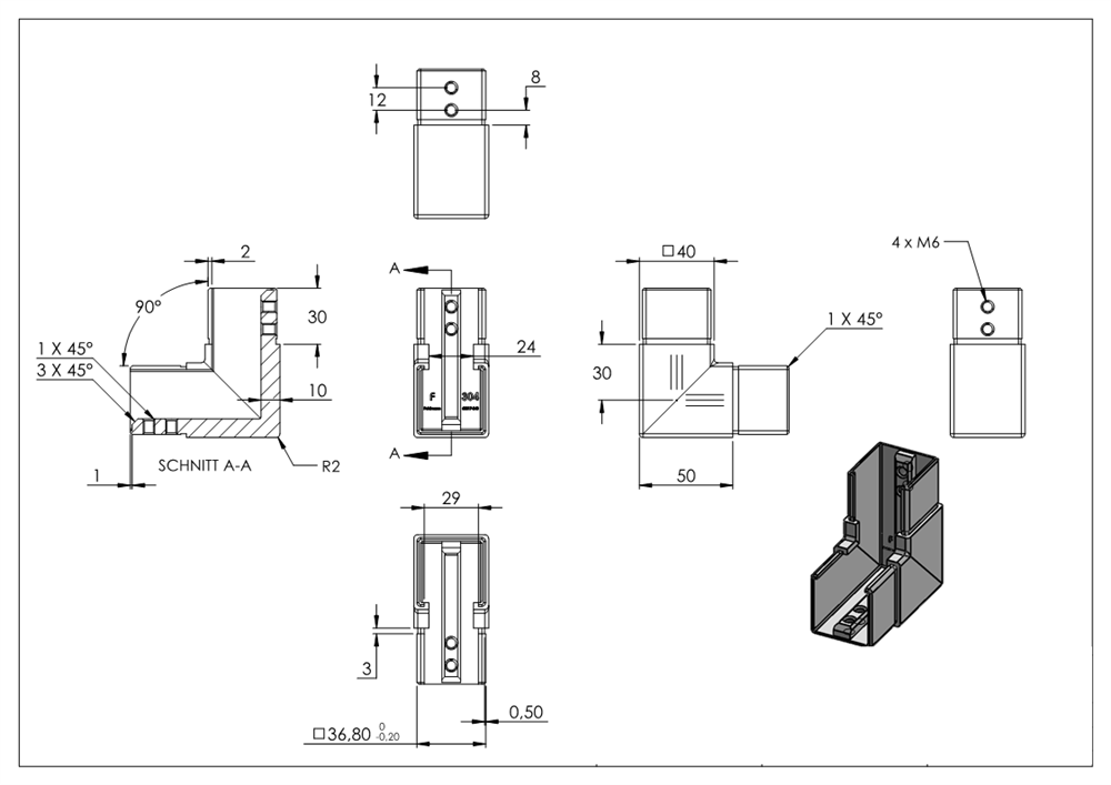 Rahmenecke 90° | vertikal | für Quadrat-Nutrohr: 40x40 mm | V2A