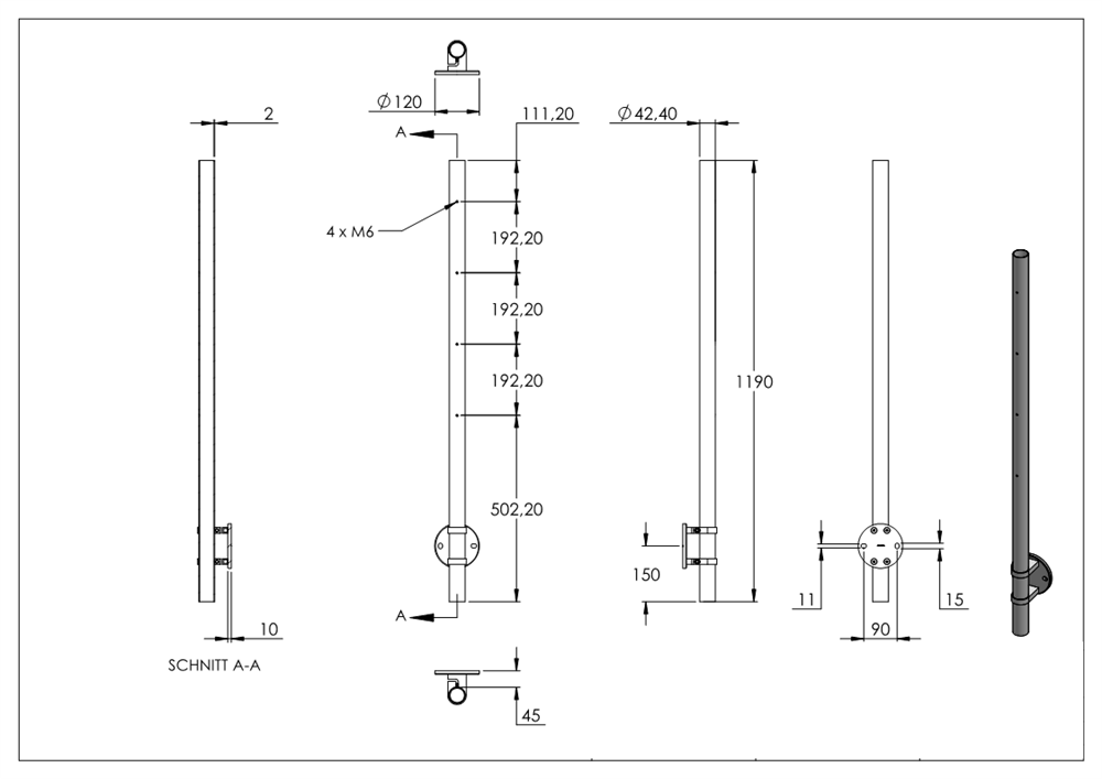 Geländerpfosten | seitliche Montage | für 4 Querstabhalter M6 | Länge: 1190 mm | V2A