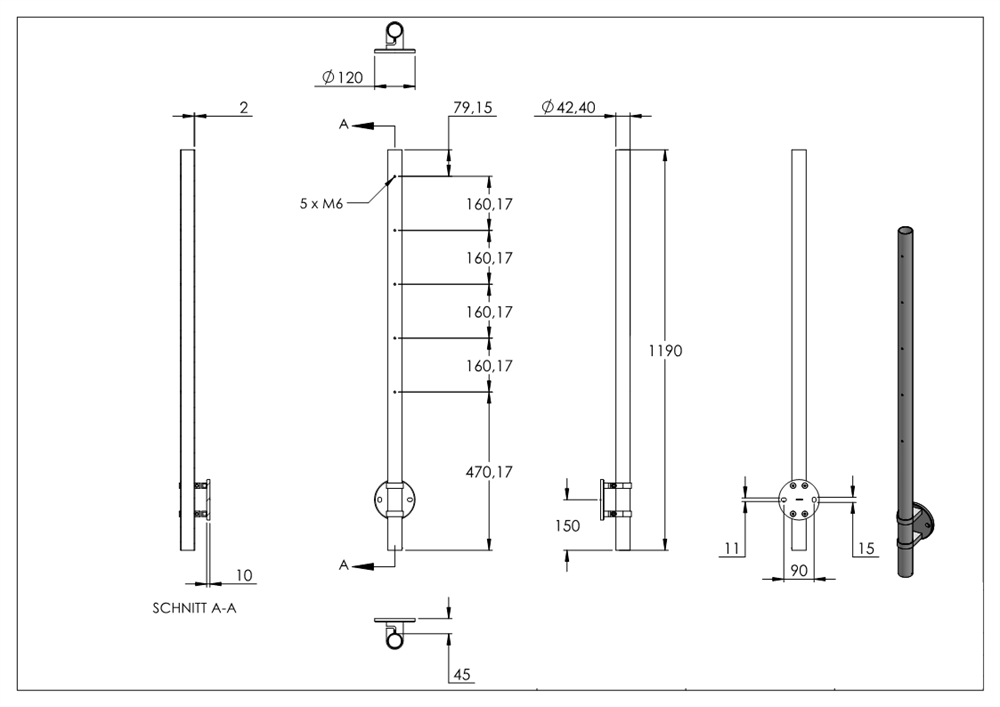 Geländerpfosten | seitliche Montage | für 5 Querstabhalter M6 | Länge: 1190 mm | V2A