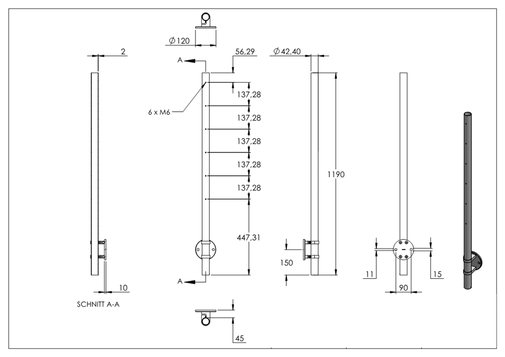Geländerpfosten | seitliche Montage | für 6 Querstabhalter M6 | Länge: 1190 mm | V2A