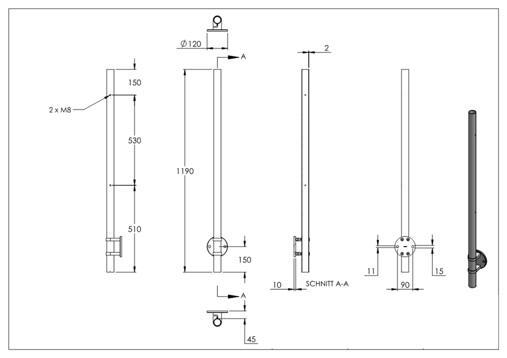 Geländerpfosten | seitliche Montage | für 2 Glasklemmen M8 | Länge: 1190 mm | V2A