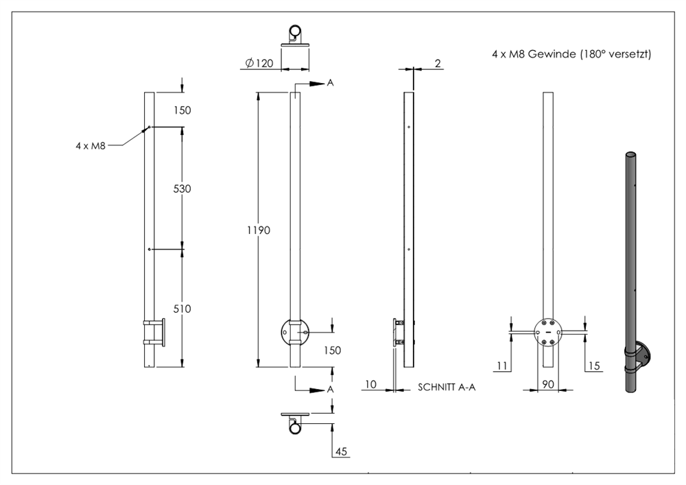Geländerpfosten | seitliche Montage | für 4 Glasklemmen M8 | 180° versetzt | V2A