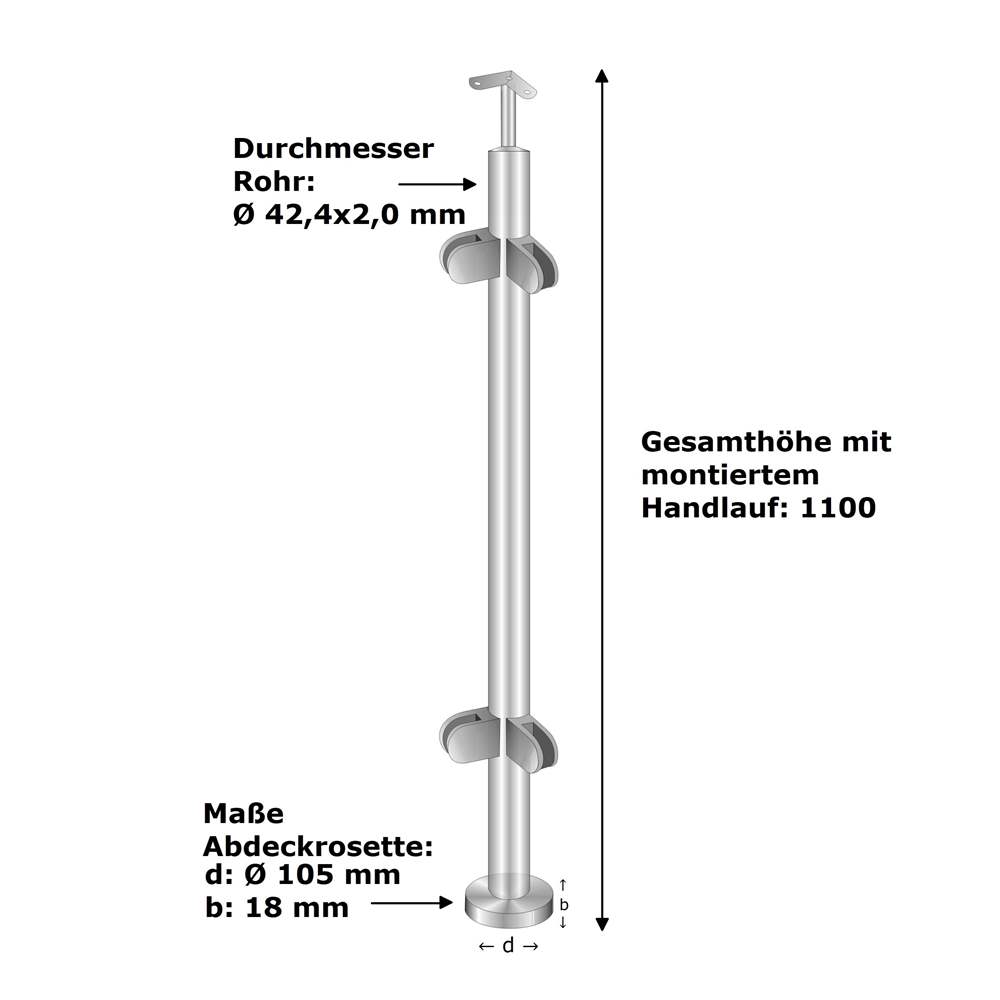 Geländerpfosten | Mittelpfosten | Länge: 1100 mm | für aufgesetzte Montage | V2A