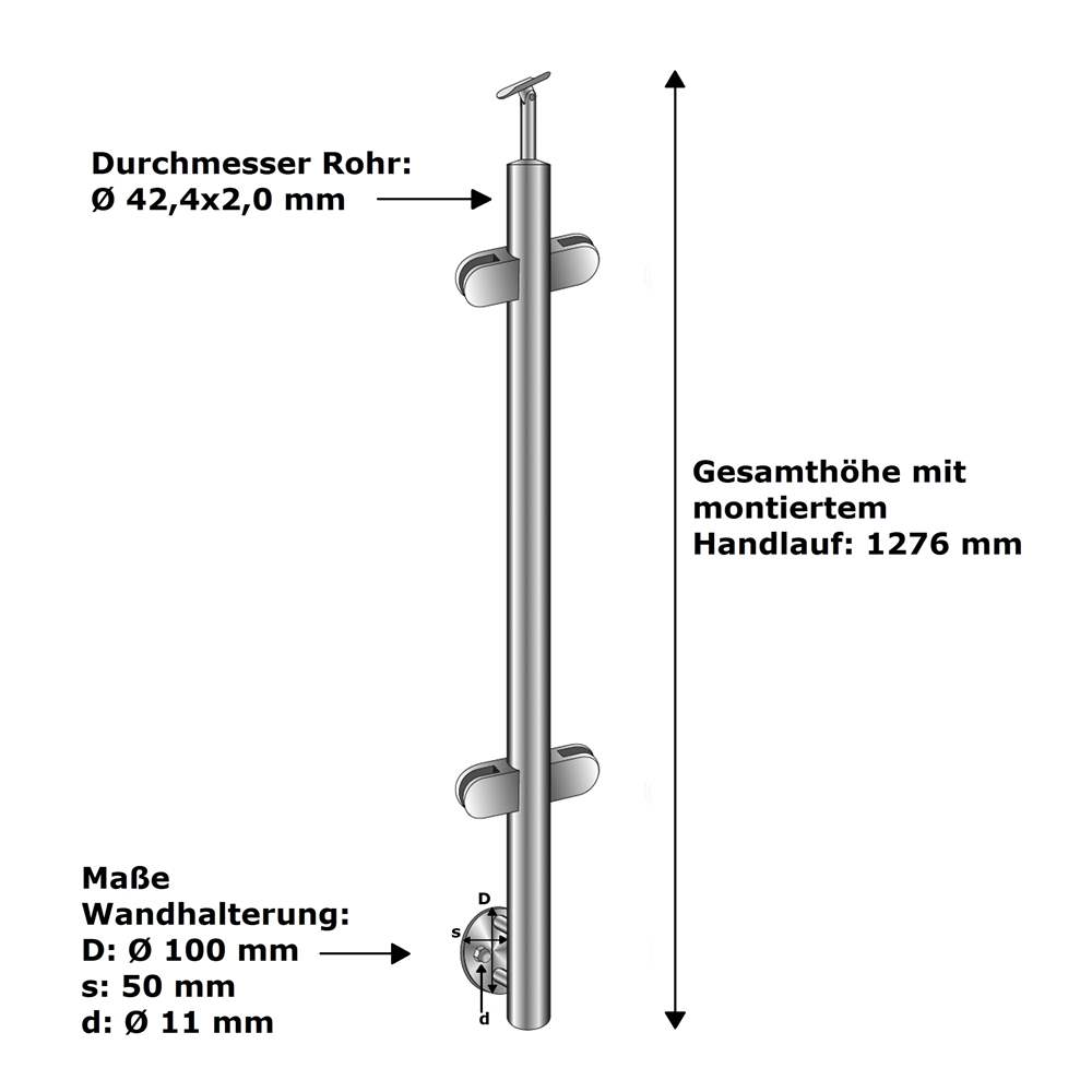 Geländerpfosten | Mittelpfosten | Länge: 1100 mm | für seitliche Montage | V2A