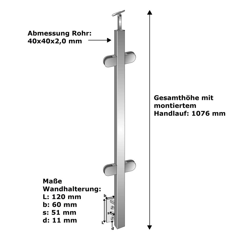 Geländerpfosten | Mittelpfosten | Länge: 900 mm | für seitliche Montage | V2A