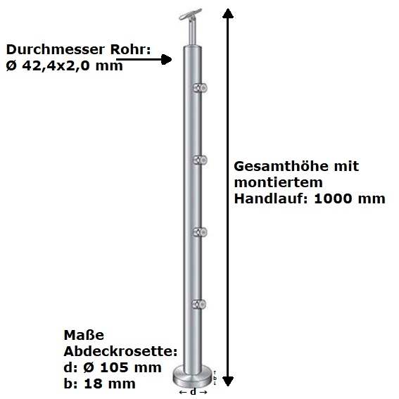 Geländerpfosten | Treppenpfosten | Länge: 900 mm | für aufgesetzte Montage | V2A