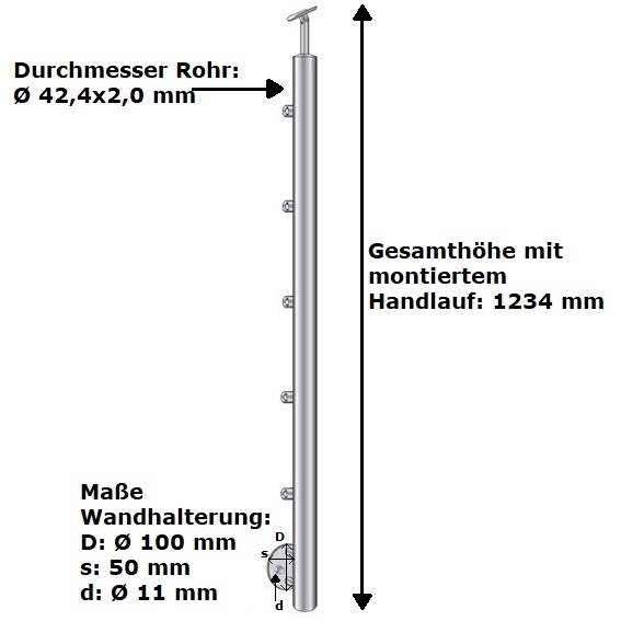 Geländerpfosten | Treppenpfosten | Länge: 1000 mm | für seitliche Montage | V2A
