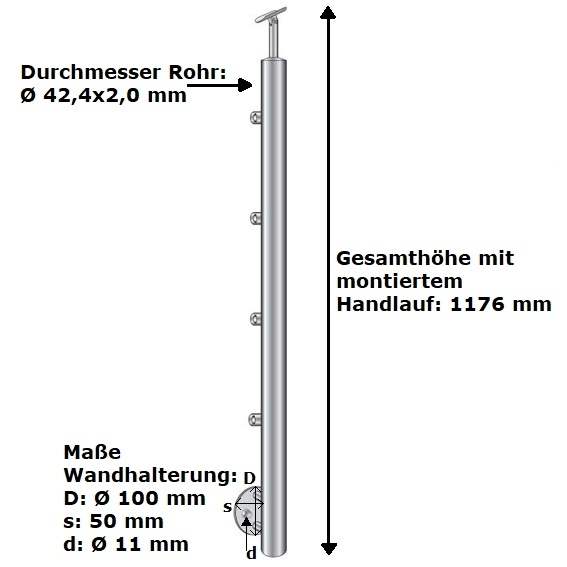 Geländerpfosten | Treppenpfosten| Länge: 900 mm | für seitliche Montage | V2A
