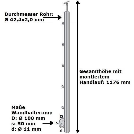 Geländerpfosten | Länge: 1000 mm | für seitliche Montage | V2A