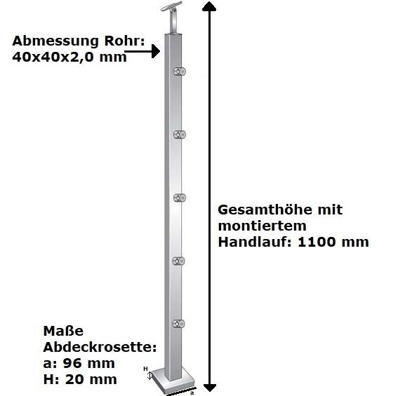 Geländerpfosten | Treppenpfosten | Länge: 1000 mm | für aufgesetzte Montage | V2A