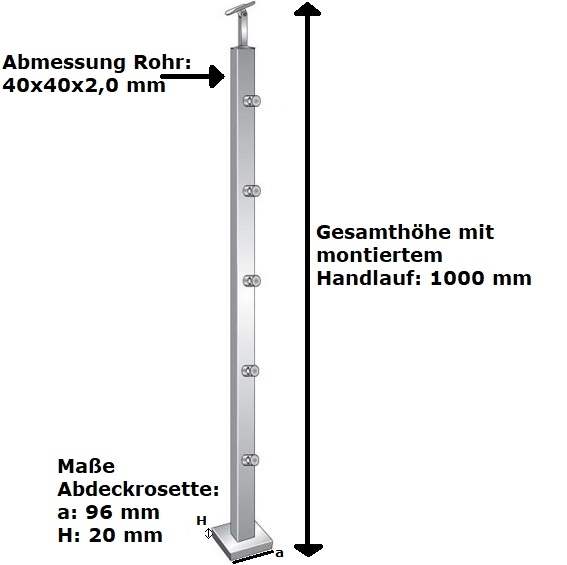 Geländerpfosten | Länge: 1000 mm | für aufgesetzte Montage | V2A