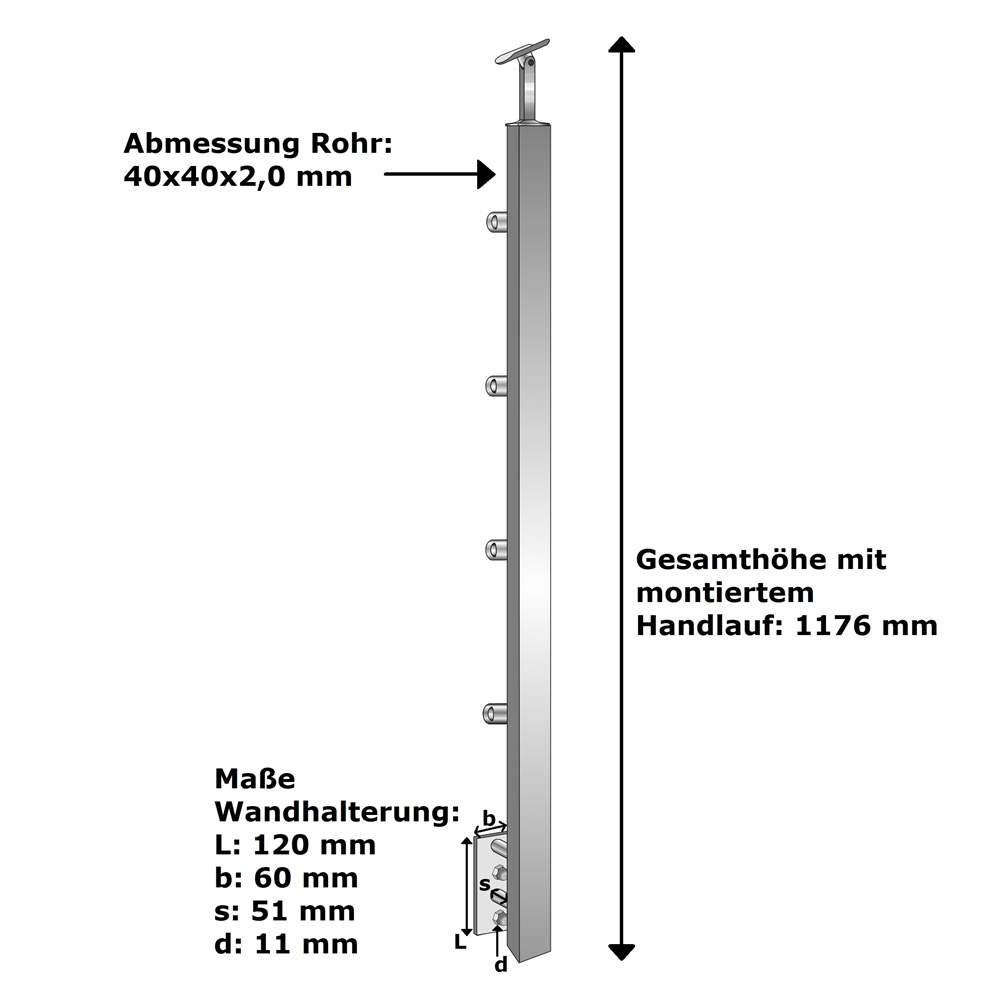 Geländerpfosten | Länge: 900 mm | für seitliche Montage | V2A