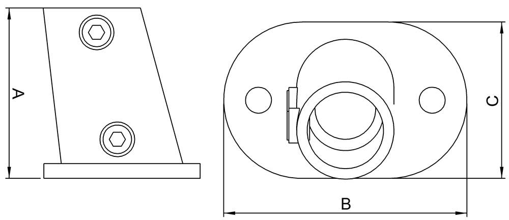 Rohrverbinder | Fußplatte oval 3-11° Neigung | 152 | 33,7 mm - 48,3 mm | 1 - 1 1/2 | Temperguss u. Elektrogalvanisiert