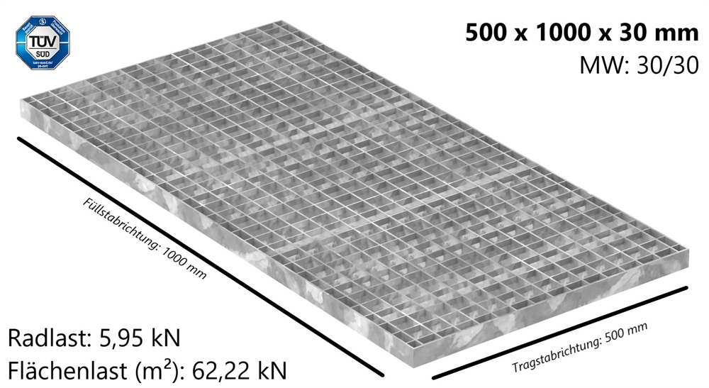 Industrie-Gitterrost | Maße: 500x1000x30 mm; MW 30/30 mm; 30/3 mm | S235JR (St37-2), im Vollbad feuerverzinkt