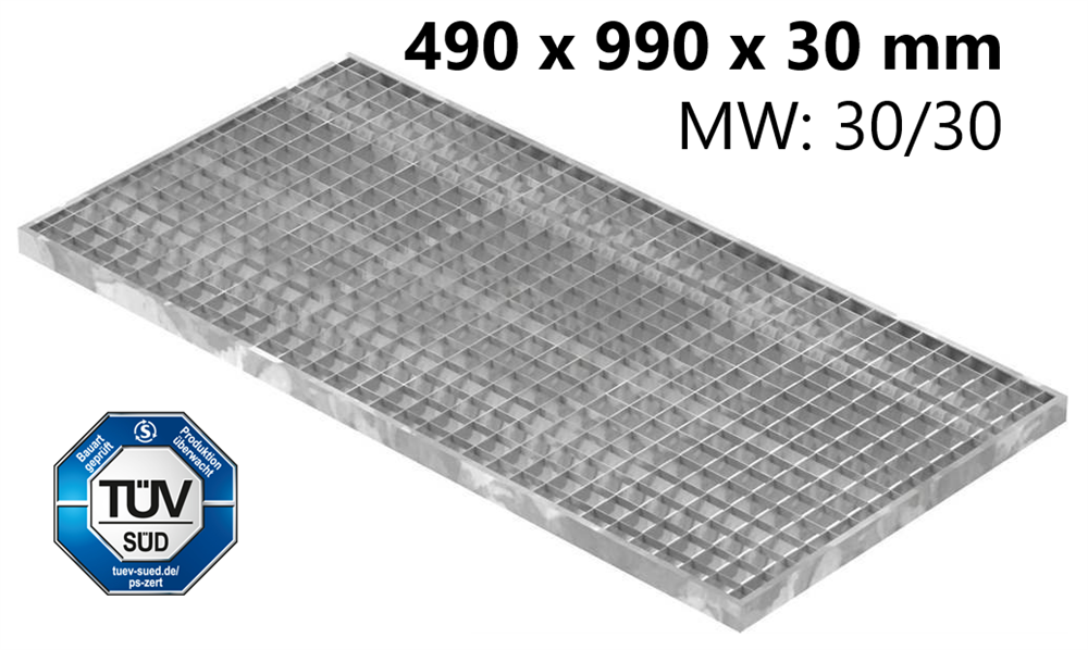 Lichtschachtrost Baunormrost | Maße:  490x990x30 mm 30/30 mm | aus S235JR (St37-2), im Vollbad feuerverzinkt
