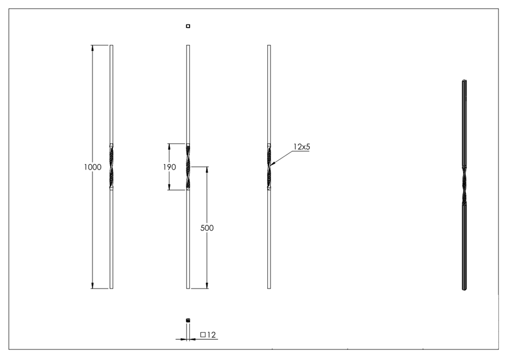 Zwischenstab | Länge: 900 mm | Material: 12x12 mm | glatt | Stahl S235JR, roh